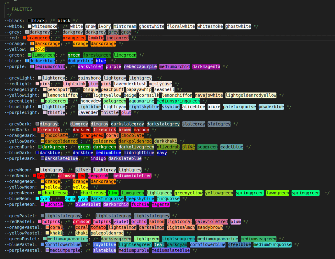 Screenshot showing several css variables along with named colors. The text for each named color is highlighted from behind by its respective color.
