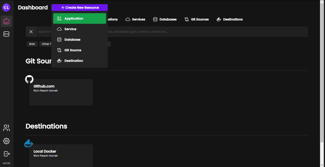 Coolify's dashboard with the "Create New Resource" menu open and highlighting the "Application" option