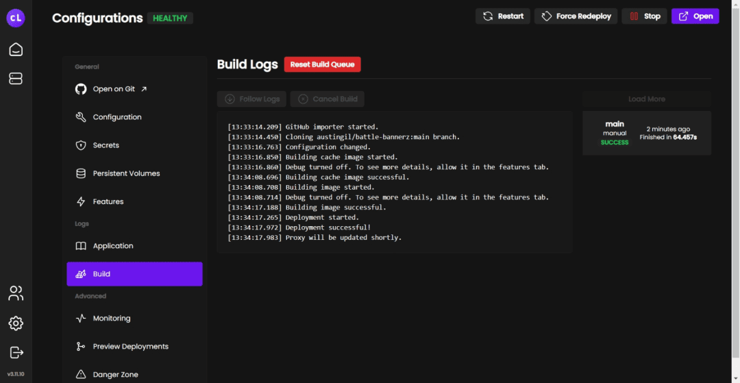 Screenshot of Coolify's build page with all the processes finished and a success message.
