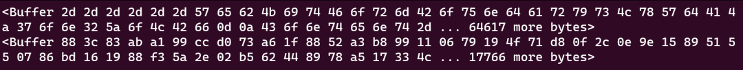Screenshot of a terminal with two logs of text that begin with "<Buffer", then a long list of two digit hex values, and end with a large number and "... more bytes>"