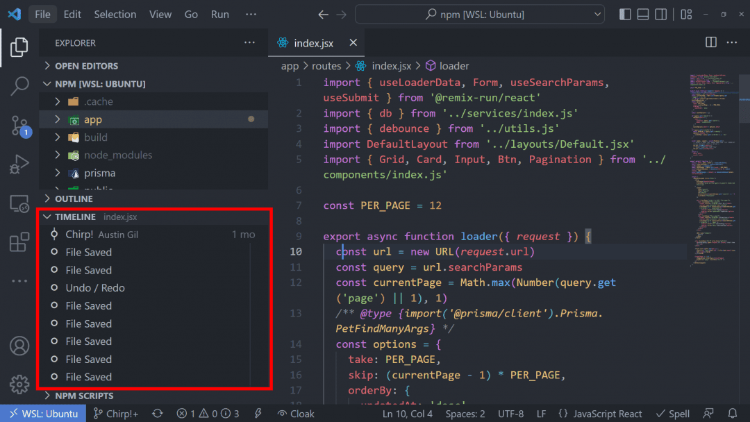 Screenshot of VS Code with a file open and a red box highlighting the Timeline for that file